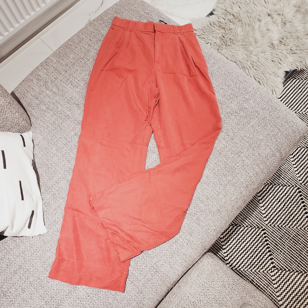 ZARA Coral Red Lyocell Wide Leg Pleated Waist Pants - Picture 3 of 12